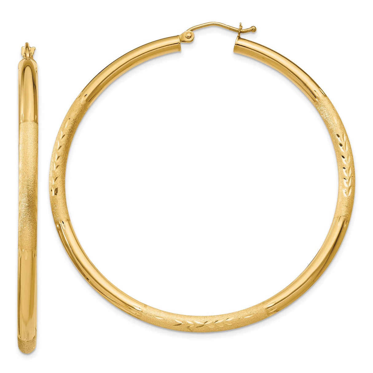 14k Yellow Gold Hoop Earrings, Lightweight Textured Design with Etched Leaf Pattern
