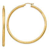 14k Yellow Gold Hoop Earrings, Lightweight Textured Design with Etched Leaf Pattern