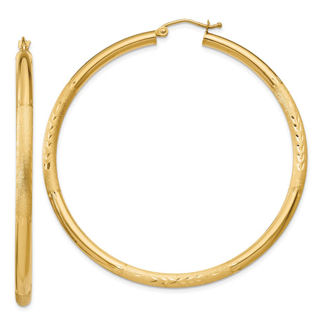 14k Yellow Gold Hoop Earrings, Lightweight Textured Design with Etched Leaf Pattern