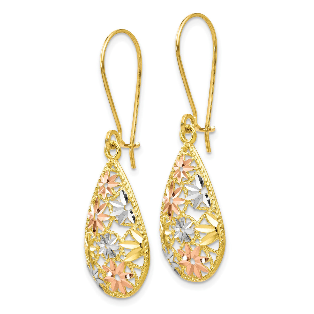 10k Yellow Gold Teardrop Dangle Earrings with Rhodium and Rose Floral Accents for Women