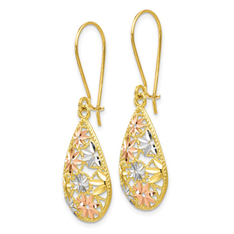 10k Yellow Gold Teardrop Dangle Earrings with Rhodium and Rose Floral Accents for Women