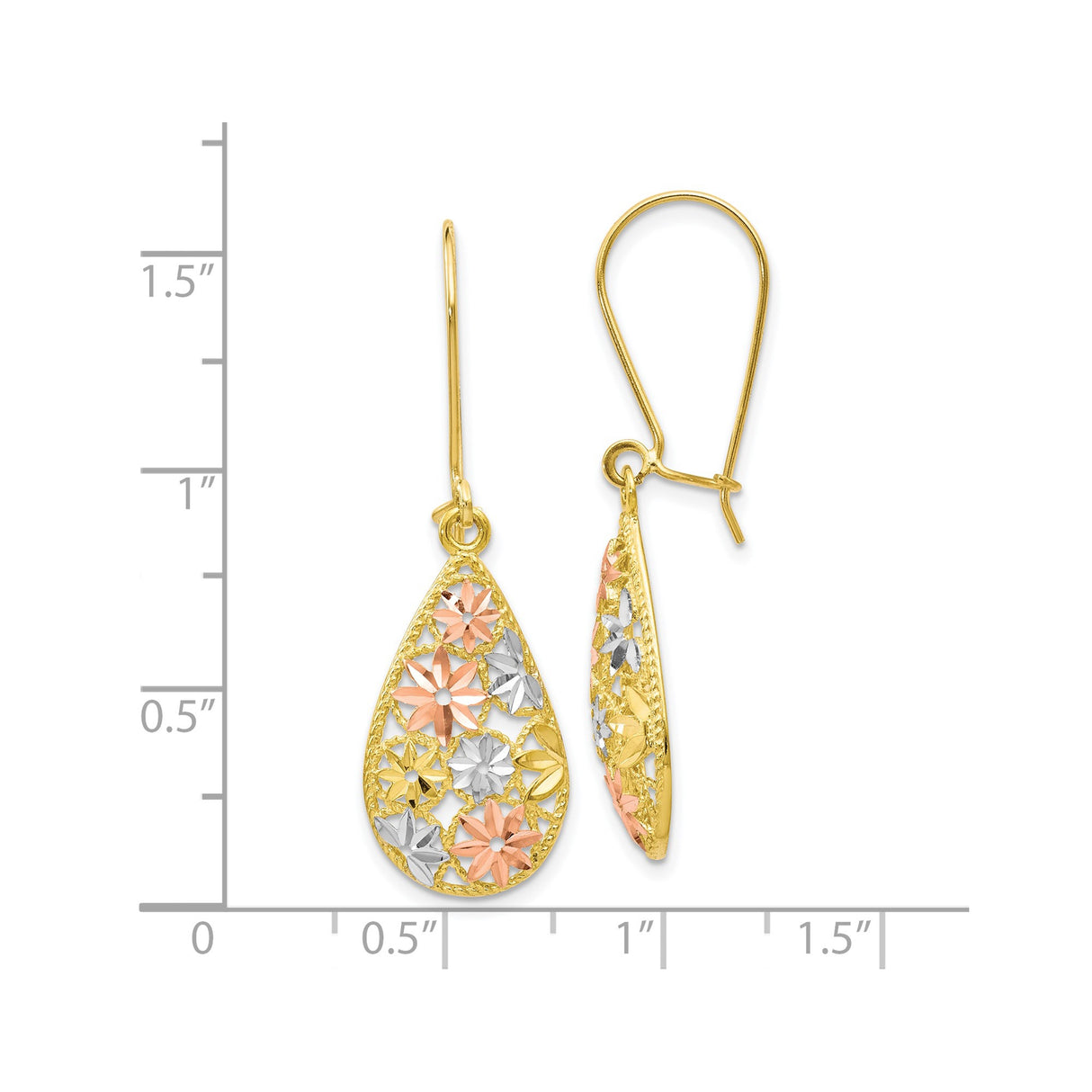 10k Yellow Gold Teardrop Dangle Earrings with Rhodium and Rose Floral Accents for Women