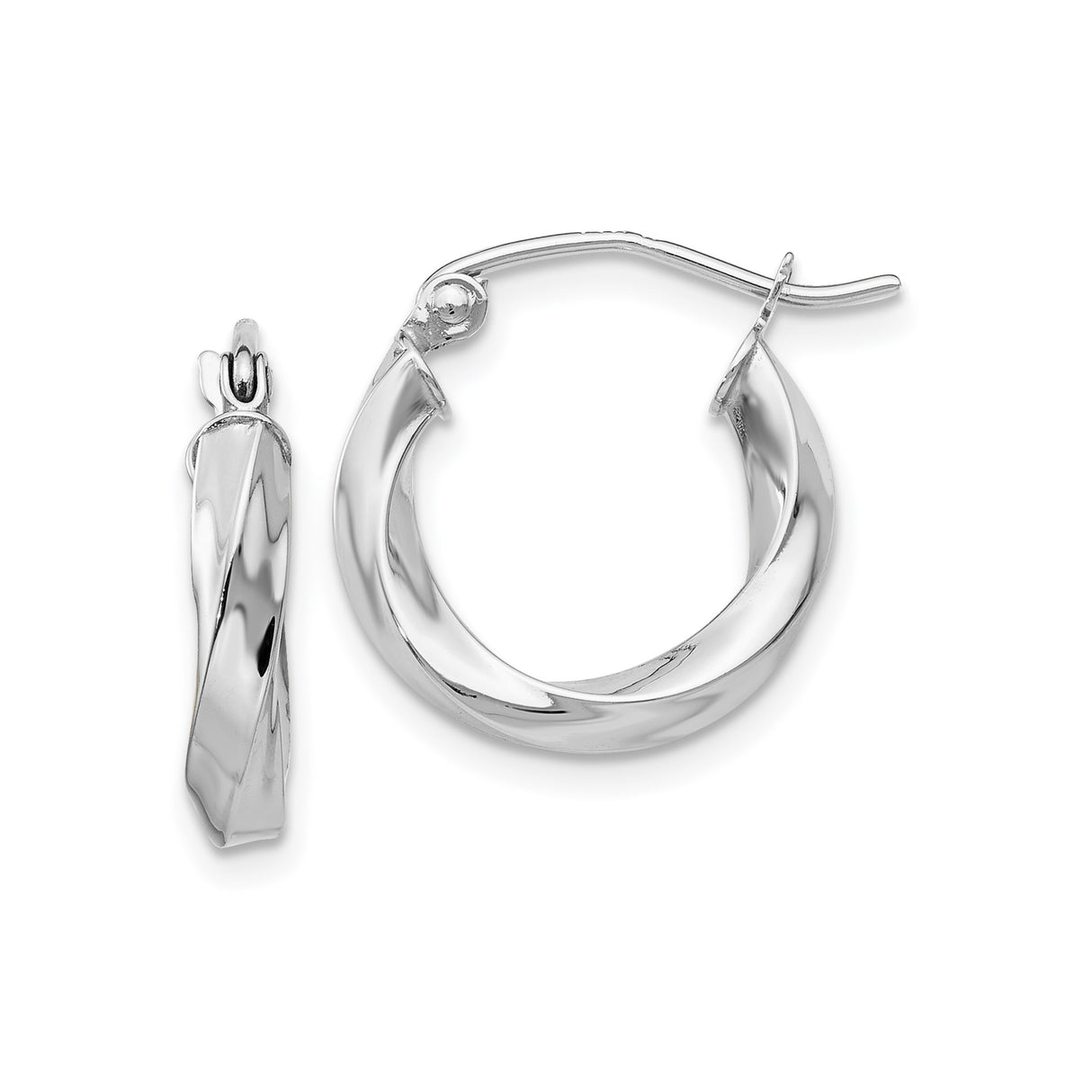 14k White Gold Twisted Hoop Earrings, Polished Lightweight Curved Style for Women