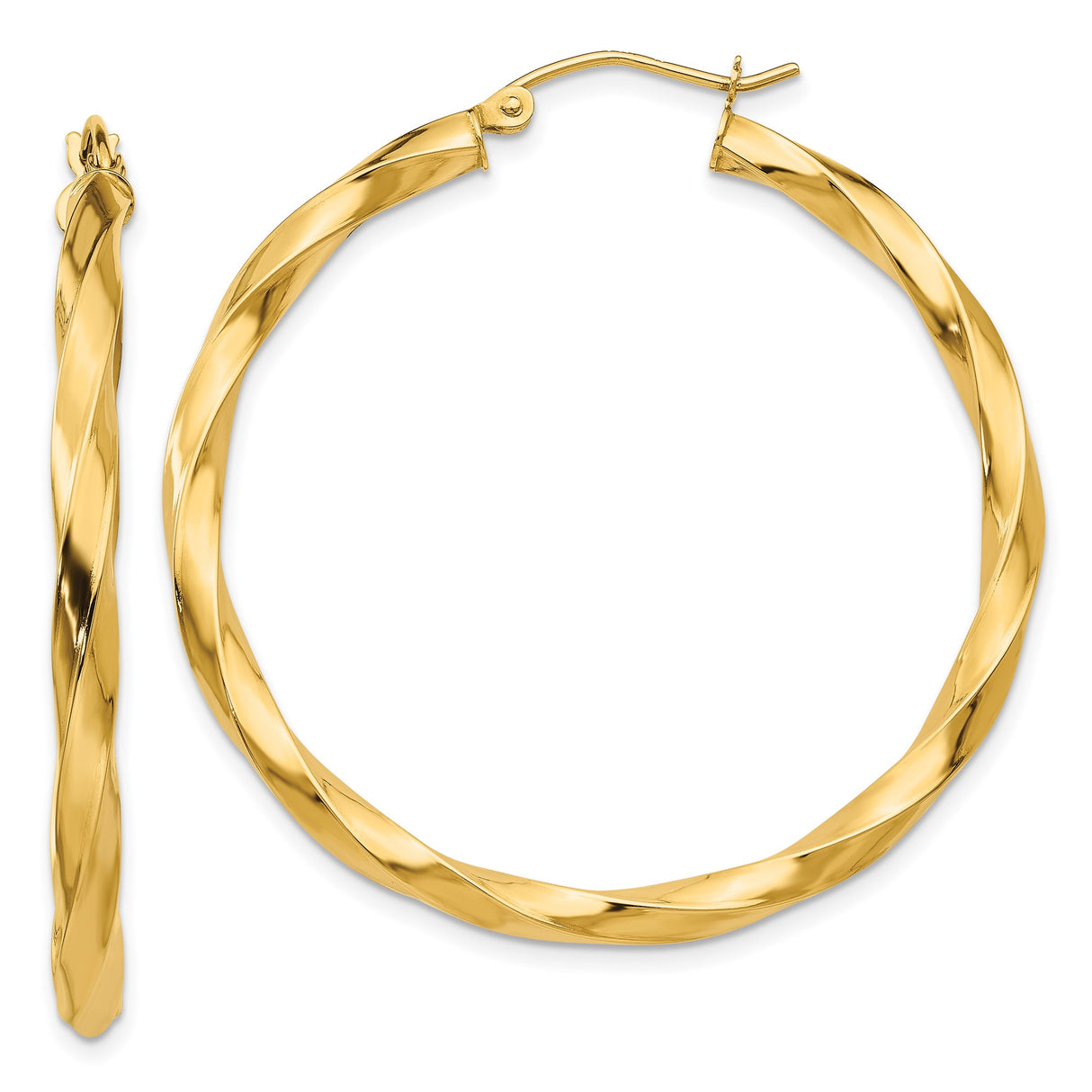 14k Yellow Gold Twisted Hoop Earrings, High Polish Finish, Latch Back Closure