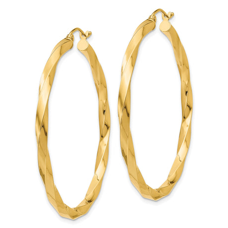 14k Yellow Gold Hoop Earrings, Twisted Design, Polished Finish, Lightweight Comfort Fit