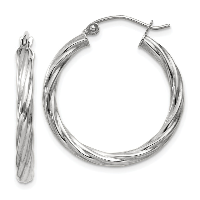 14k White Gold Hoop Earrings, Twisted Rope Design, 1 Inch Diameter, Lightweight Classic Style