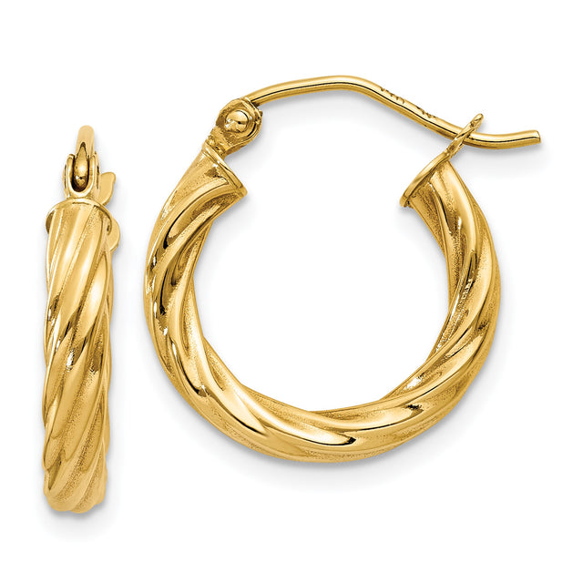 14k Yellow Gold Twisted Rope Hoop Earrings, Polished Lightweight Tube Style for Women