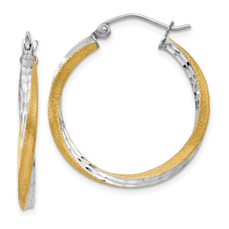 14k Yellow Gold Hoop Earrings with Twisted Design, Two-Tone Rhodium Finish, Diamond Cut, Polished