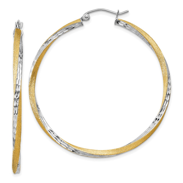 14k Yellow and Rhodium Two-Tone Gold Hoop Earrings, Diamond-Cut Textured Shimmer Finish
