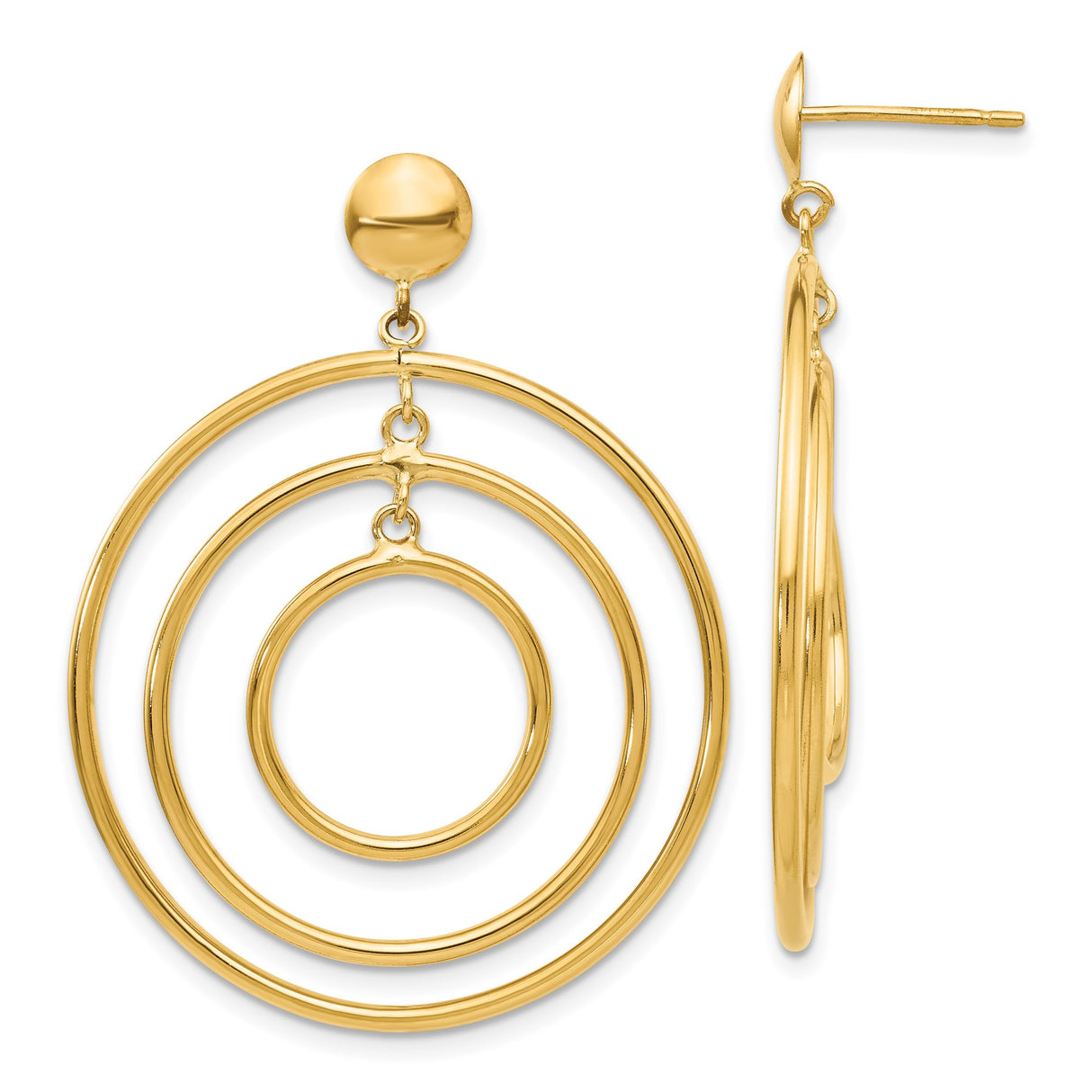 14k Yellow Gold Dangle Earrings with Triple Open Concentric Circles, Modern Geometric Design