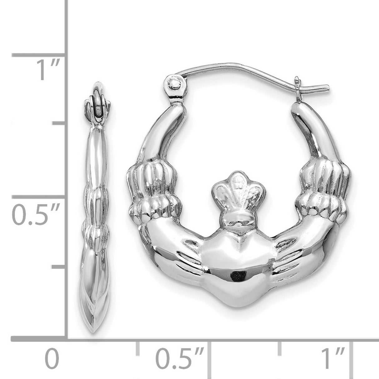 14k White Gold Claddagh Hoop Earrings with Crowned Heart and Hands Symbol