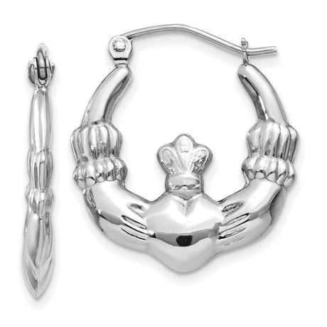 14k White Gold Claddagh Hoop Earrings with Crowned Heart and Hands Symbol