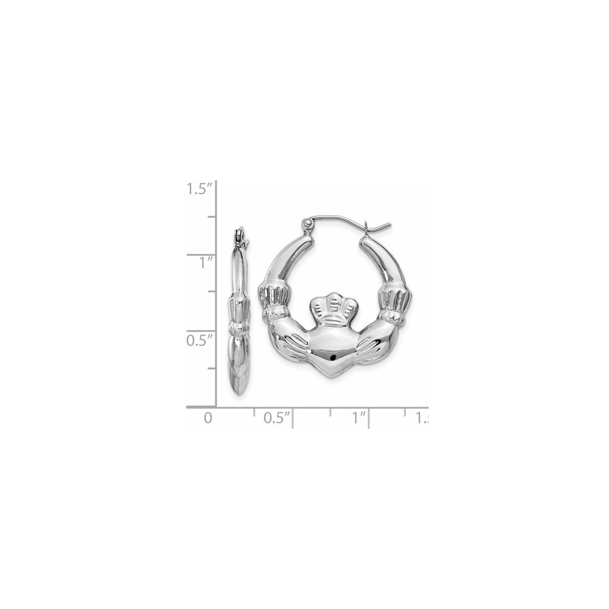 14k White Gold Claddagh Hoop Earrings with Heart, Crown and Hands Celtic Design