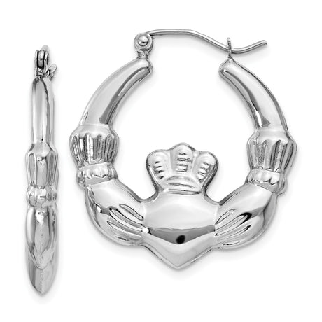 14k White Gold Claddagh Hoop Earrings with Heart, Crown and Hands Celtic Design