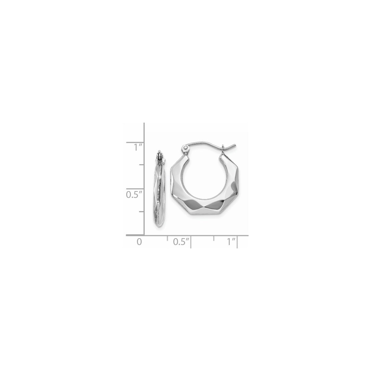 14k White Gold Hoop Earrings, Modern Faceted Geometric Design, Lightweight Minimalist Style