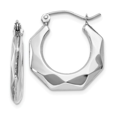14k White Gold Hoop Earrings, Modern Faceted Geometric Design, Lightweight Minimalist Style