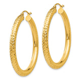 14k Yellow Gold Hoop Earrings, Diamond Cut Textured Finish, Large Lightweight Hoops for Women