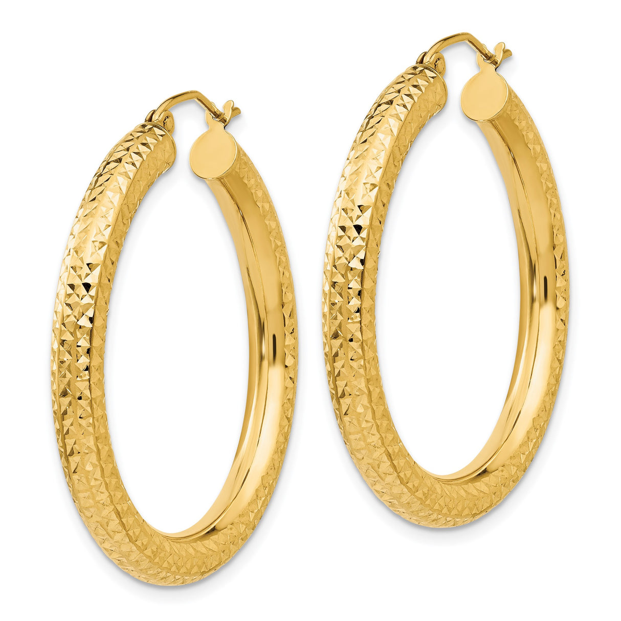 14k Yellow Gold Hoop Earrings, Textured Diamond Cut Design for Women