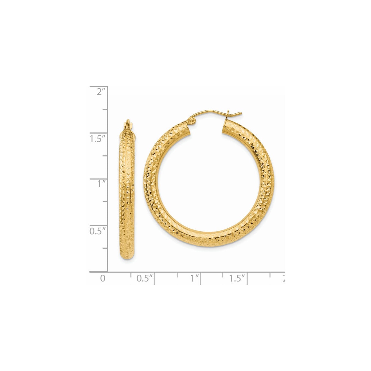14k Yellow Gold Hoop Earrings, Textured Diamond Cut Design for Women