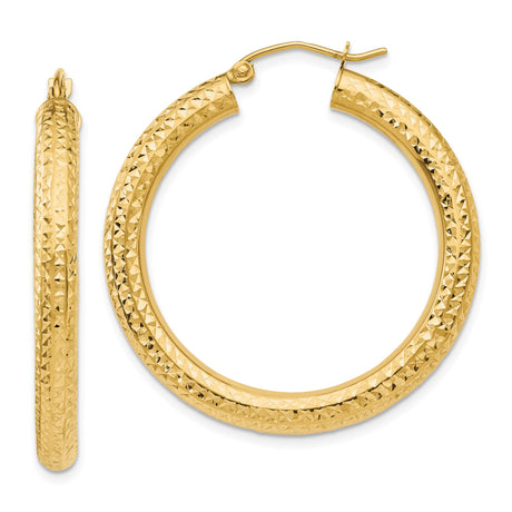 14k Yellow Gold Hoop Earrings, Textured Diamond Cut Design for Women