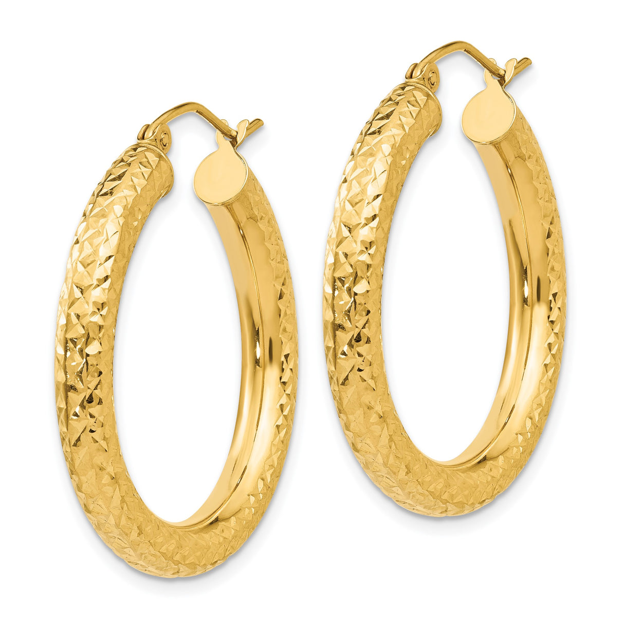 14k Yellow Gold Hoop Earrings, Bold Diamond Cut Textured Finish, Classic Lightweight Design for Women