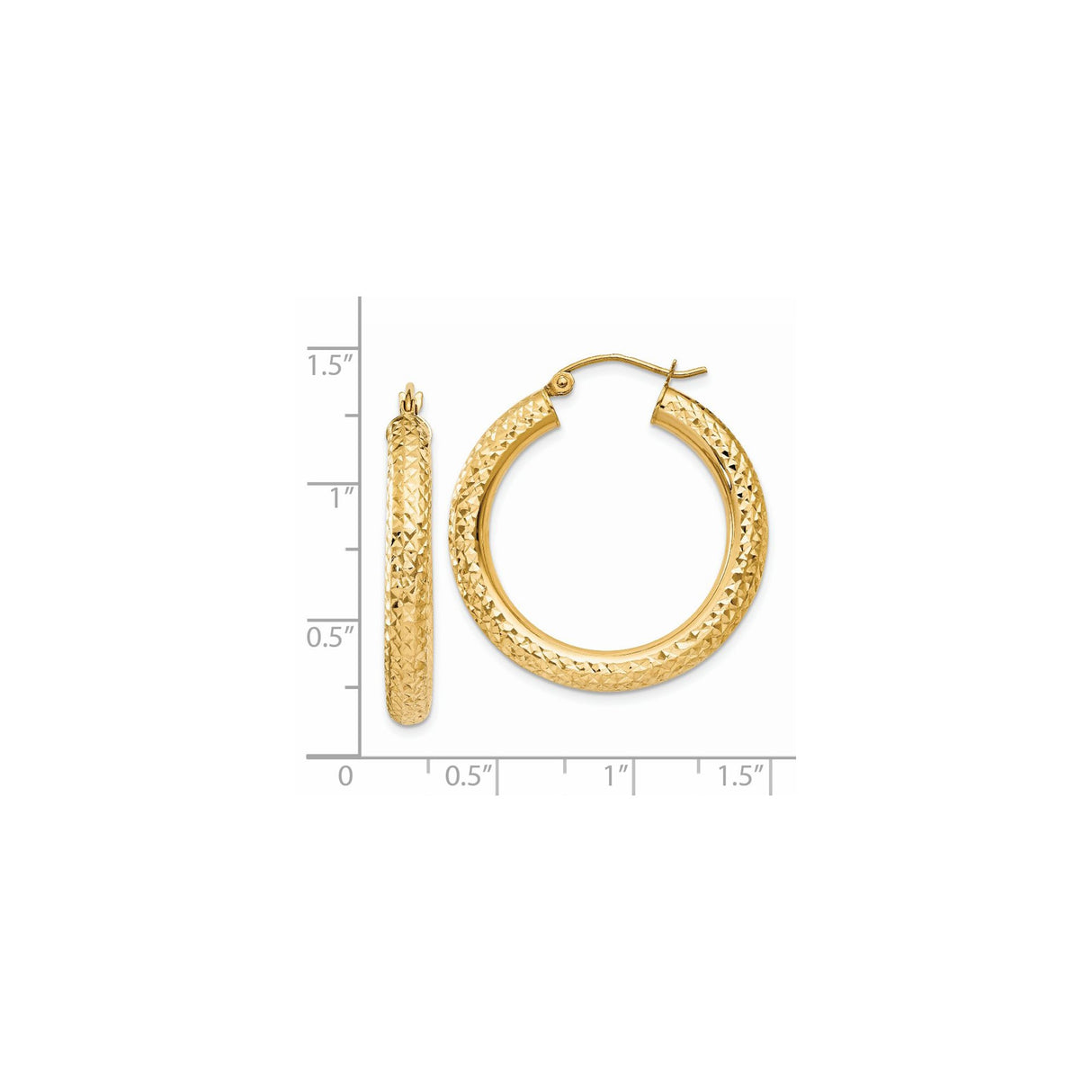 14k Yellow Gold Hoop Earrings, Bold Diamond Cut Textured Finish, Classic Lightweight Design for Women
