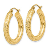 14k Yellow Gold Hoop Earrings, Textured Diamond-Cut Round Hoops with Latch Closure