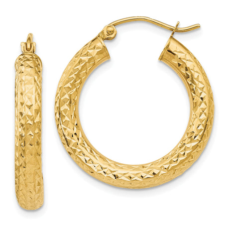 14k Yellow Gold Hoop Earrings, Textured Diamond-Cut Round Hoops with Latch Closure