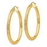 14k Yellow Gold Hoop Earrings, Textured Diamond Cut Sparkle Finish, Lightweight Bold Design