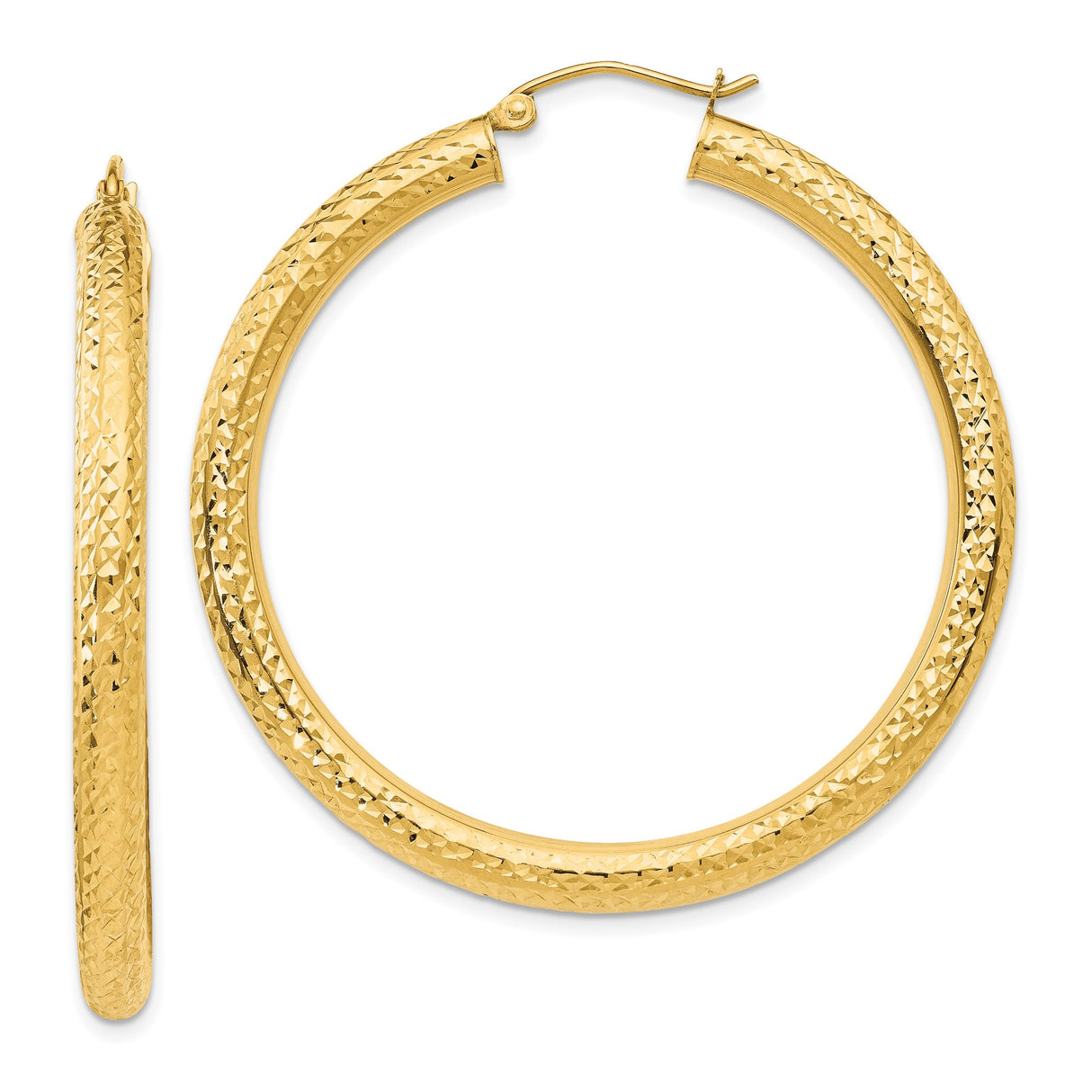 14k Yellow Gold Hoop Earrings, Textured Diamond Cut Sparkle Finish, Lightweight Bold Design
