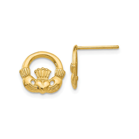 14k Yellow Gold Claddagh Stud Earrings with Heart and Crown Celtic Design for Women