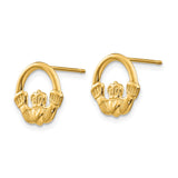 14k Yellow Gold Claddagh Stud Earrings with Hands Heart Crown Design, Celtic Style for Women