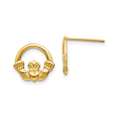 14k Yellow Gold Claddagh Stud Earrings with Hands Heart Crown Design, Celtic Style for Women