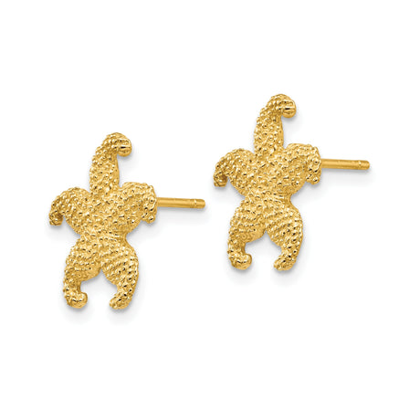14k Yellow Gold Starfish Stud Earrings, Textured Nautical Design for Women