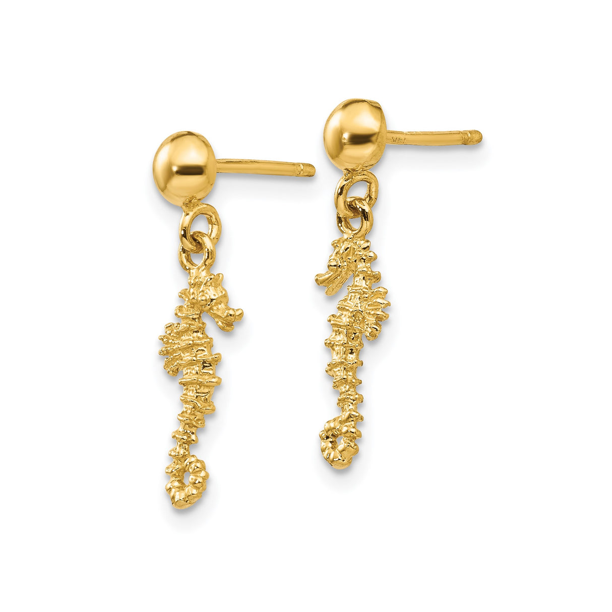 14k Yellow Gold Seahorse Dangle Earrings, Coastal Nautical Design for Women