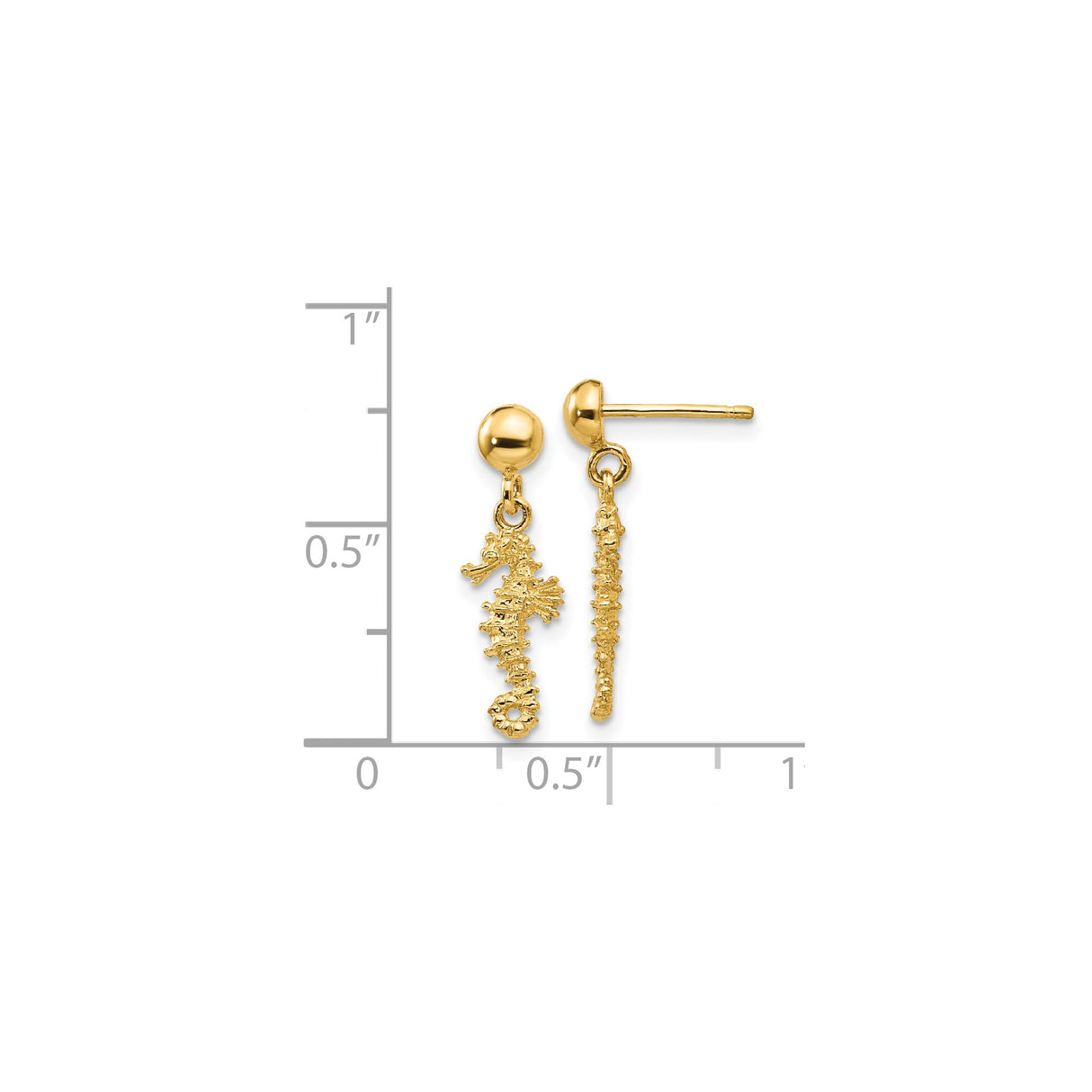 14k Yellow Gold Seahorse Dangle Earrings, Coastal Nautical Design for Women