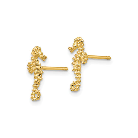 14k Yellow Gold Seahorse Stud Earrings, Textured Marine Design, Nautical Theme
