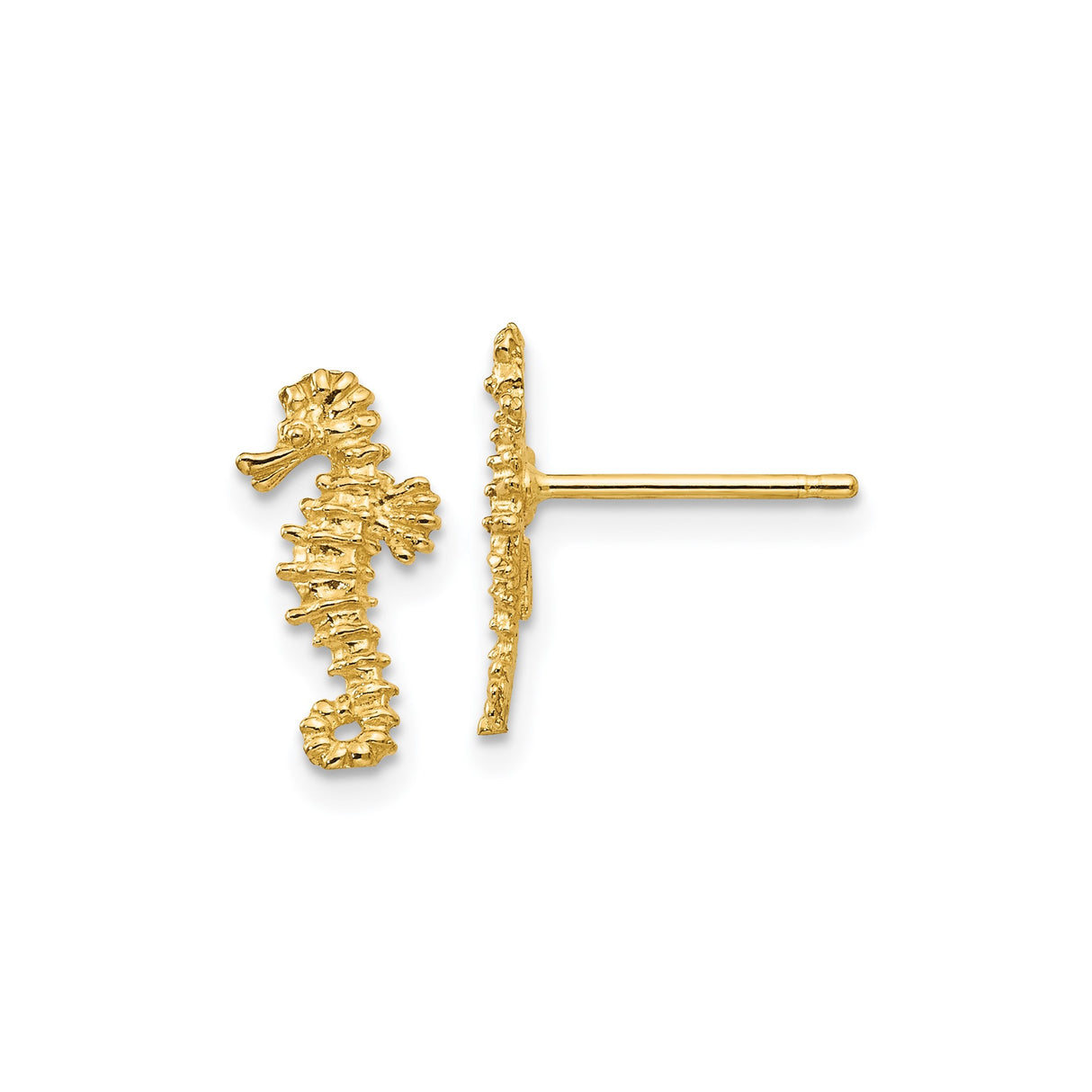 14k Yellow Gold Seahorse Stud Earrings, Textured Marine Design, Nautical Theme