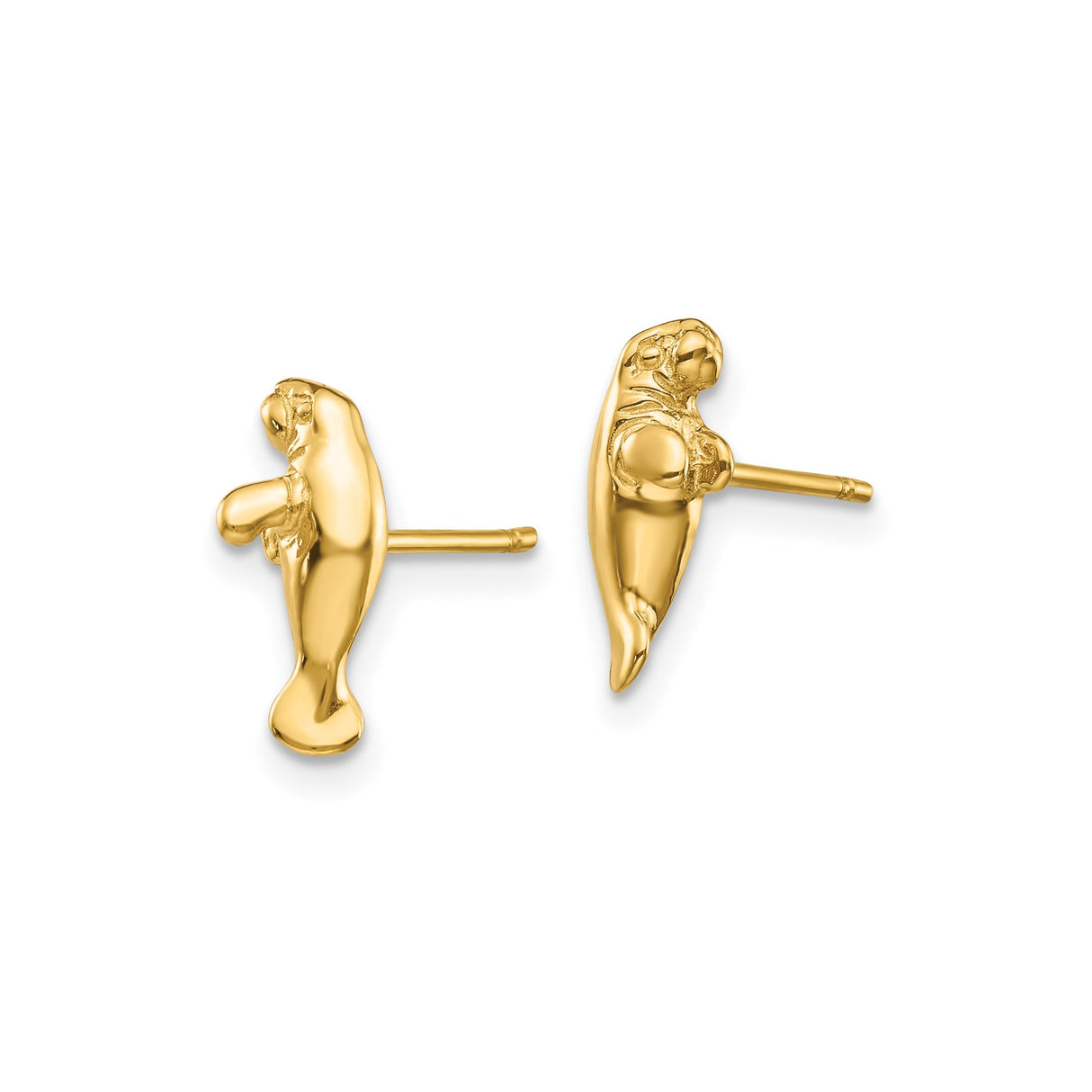 14k Yellow Gold Manatee Stud Earrings, Detailed Sea Cow Design, Ocean Animal Theme