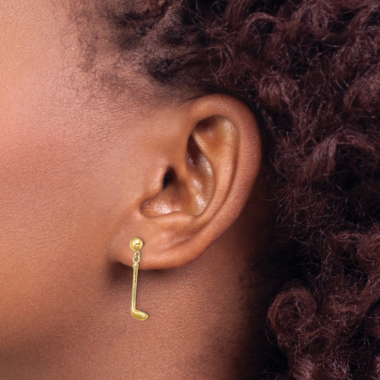 14k Yellow Gold Dangle Earrings, Hockey Stick Design, Sporty Style for Women and Athletes
