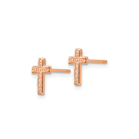 14k Rose Gold Cross Stud Earrings with Leaf Design, Christian Catholic Jewelry for Women