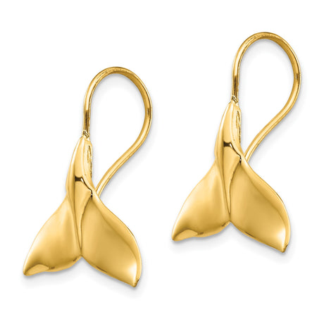 14k Yellow Gold Whale Tail Drop Earrings, Nautical Ocean-Inspired Design for Women