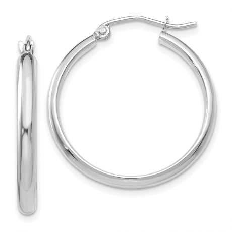 14k White Gold Hoop Earrings, Classic Polished Round Hoops with Hinged Closure