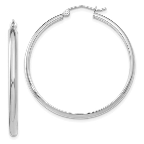 14k White Gold Hoop Earrings, Medium Round Polished Design with Latch Back Closure