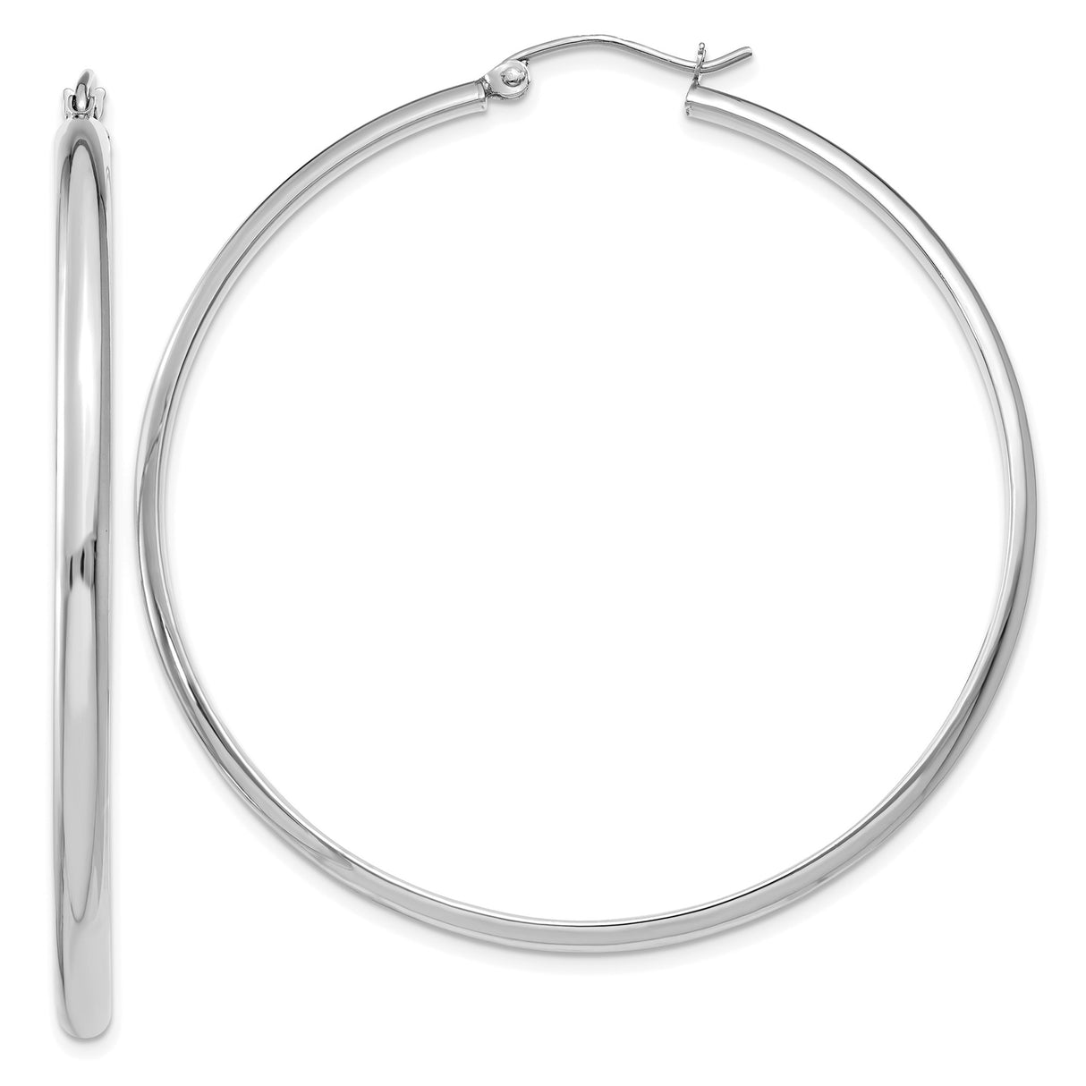 14k White Gold Hoop Earrings, Large Polished Round Hoops, Lightweight Classic Design for Women