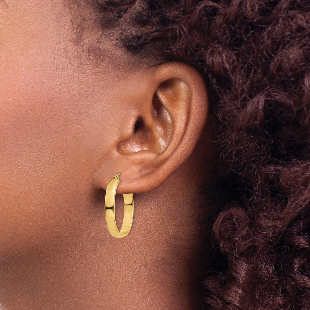 14k Yellow Gold Oval Hoop Earrings, Medium Size with Smooth Finish and Snap Post Closure