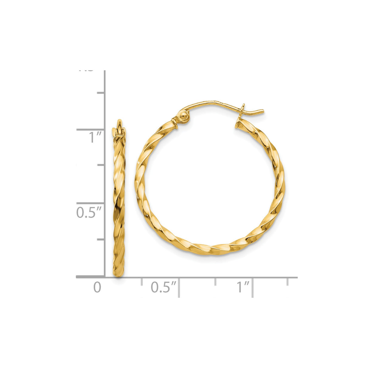 14k Yellow Gold Hoop Earrings, Twisted Rope Style, Lightweight Polished Design for Women
