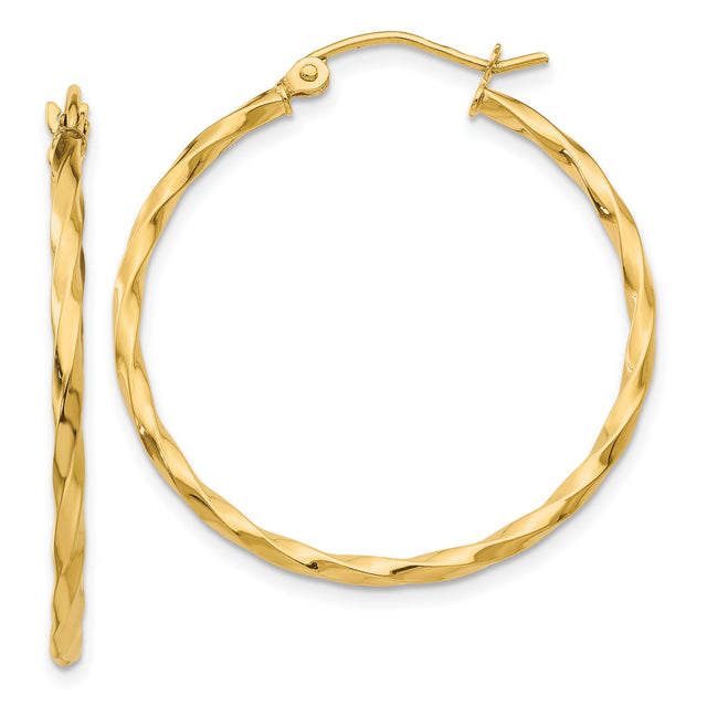 14k Yellow Gold Twisted Hoop Earrings, Diamond Cut Polished Medium Hoops for Women