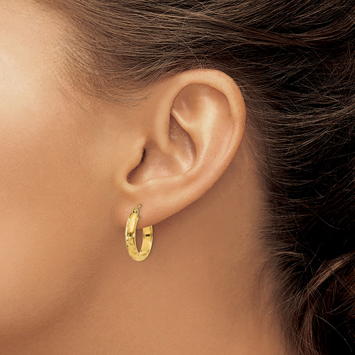 14k Yellow Gold Hoop Earrings with Etched Floral Pattern and Polished Finish