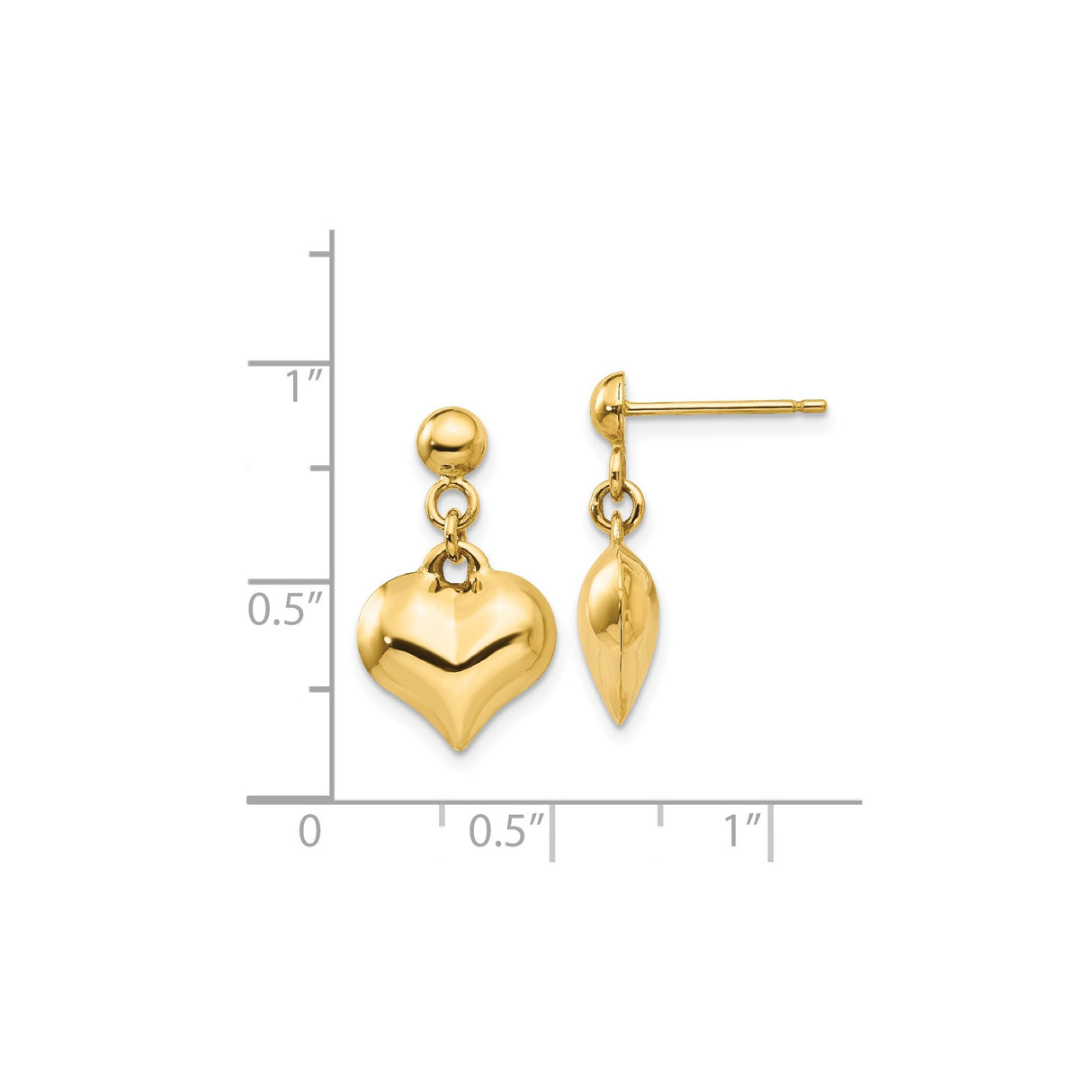 14k Yellow Gold Heart Dangle Stud Earrings with High-Polish Puffed Charms for Women